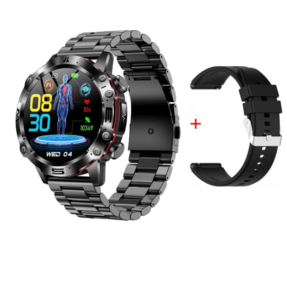 Mann trägt elegante Unisex Smartwatch; überwacht Glukose, EKG, Blutsauerstoff & Schlaf.