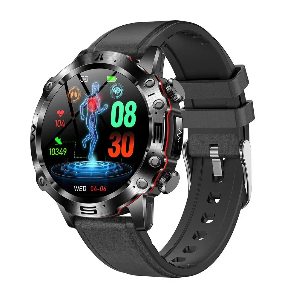 Close-up der Sensoren für präzise Glukosemessung & EKG-Analyse auf der Smartwatch.