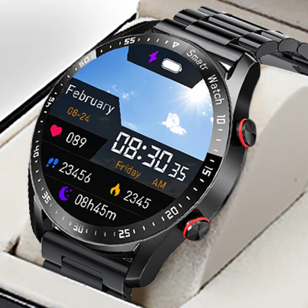 Nahaufnahme einer Smartwatch, die eine EKG-Messung anzeigt. Wichtige Gesundheitsfunktion für präzise Analysen.