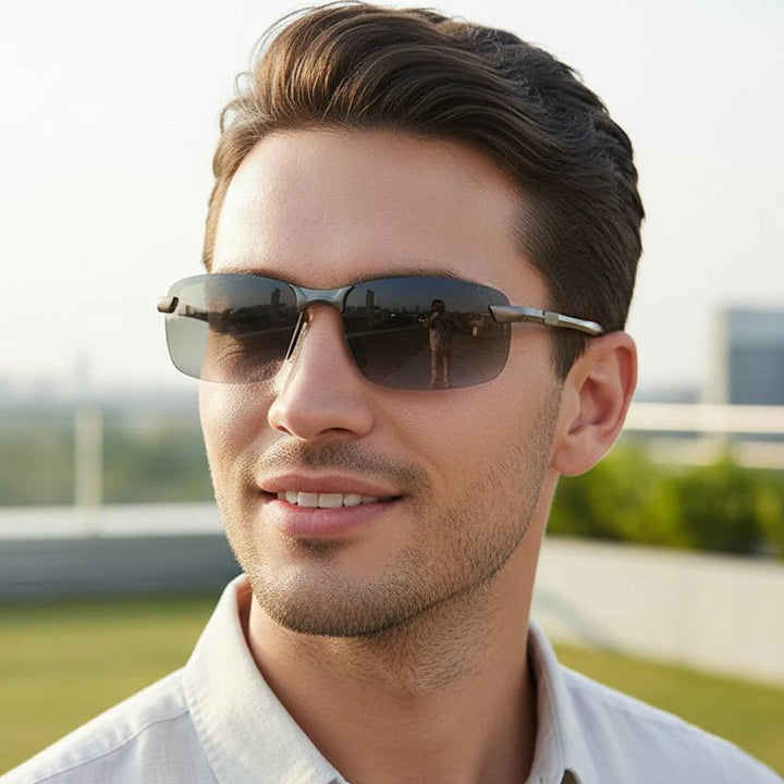 Blendfreie Unisex Fahrerbrille, photochrom & polarisiert, in Grau/Schwarz für klare Sicht im Straßenverkehr.