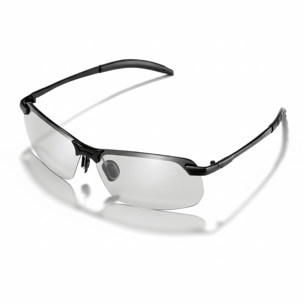 Moderne Unisex Sonnenbrille, photochrom & polarisiert, blendfrei, in Grau/Schwarz für stilvollen Augenschutz.