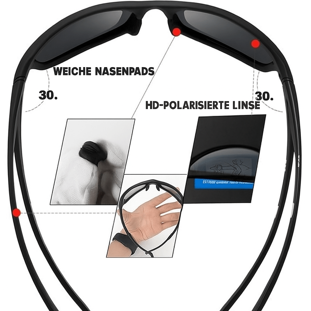 Sportsonnenbrille als unverzichtbares Accessoire, polarisiert mit UV400 Schutz für Outdoorsportler; leicht & robust.