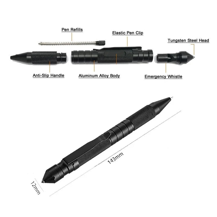 Hochwertiger Taktikstift aus leichtem, schwarz eloxiertem Aluminium; ein robuster Multifunktions-Militärstift.