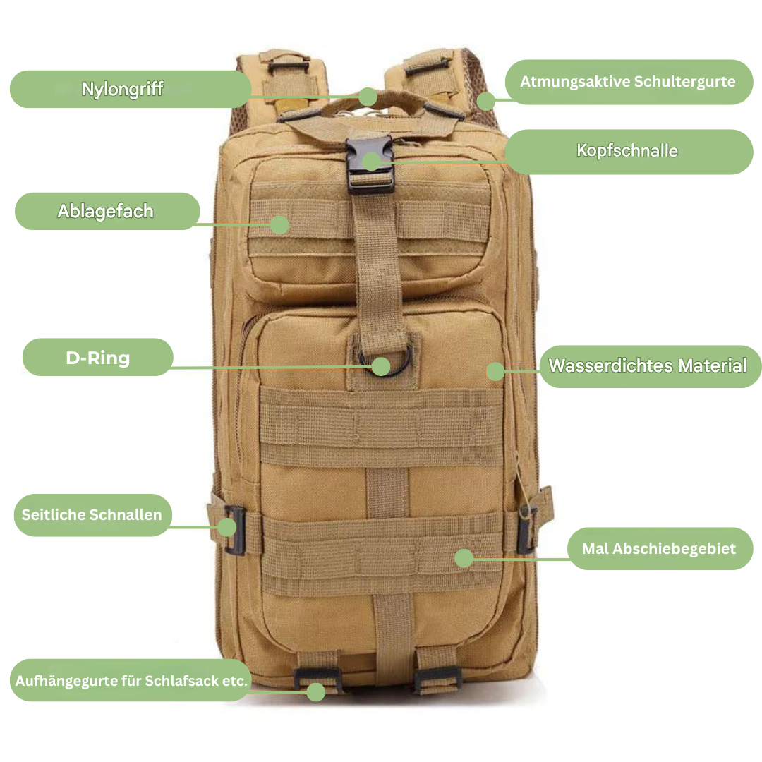Innenansicht vom taktischen Rucksack mit Laptopfach und Organizer für Reise & Alltag.