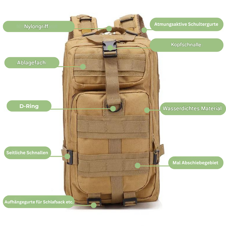 Innenansicht vom taktischen Rucksack mit Laptopfach und Organizer für Reise & Alltag.