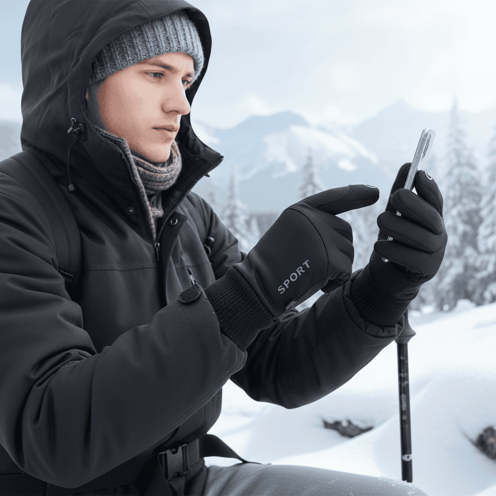 Schwarze Unisex Touchscreen-Thermohandschuhe mit sicherem Grip für Outdoor-Aktivitäten & Smartphone.