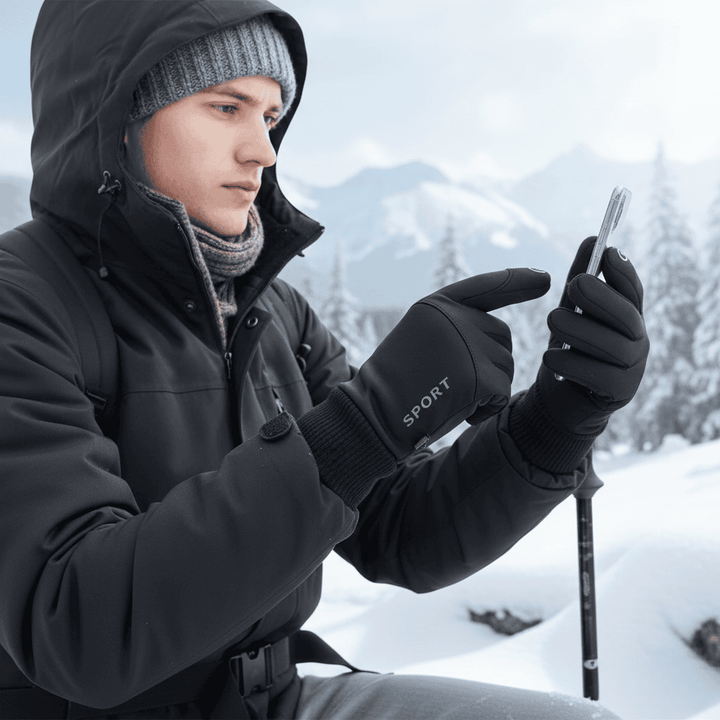 Schwarze Unisex Touchscreen-Thermohandschuhe mit sicherem Grip für Outdoor-Aktivitäten & Smartphone.