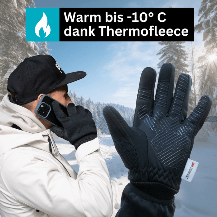Person nutzt ThermoFit Touchscreen-Handschuhe am Smartphone, optimale Kälteschutz-Funktion für den Winter.