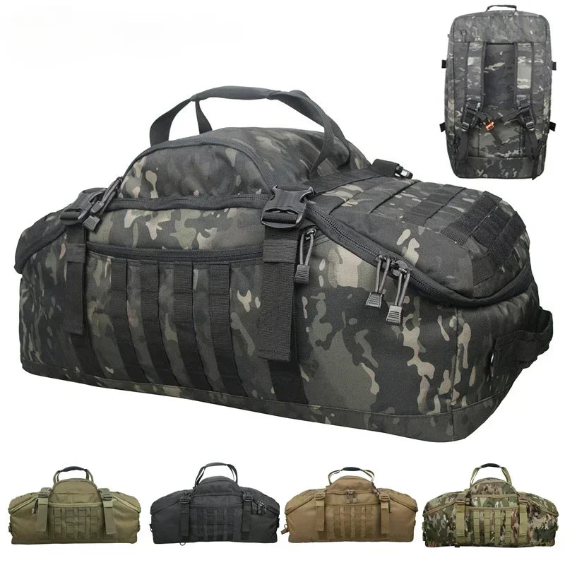 Unisex TrailTrek Reisetasche & Rucksack in Schwarz. Vielseitige taktische Duffle Bag für Outdoor & Reise.