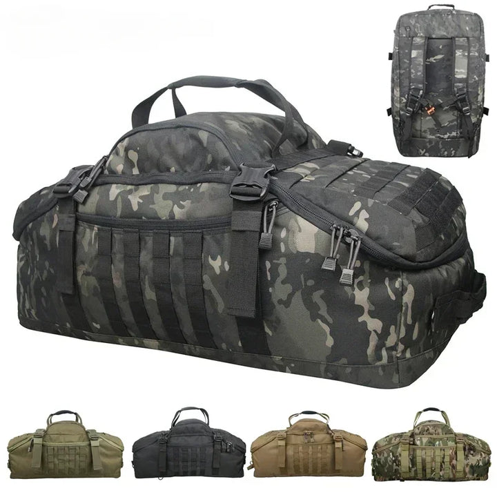Unisex TrailTrek Reisetasche & Rucksack in Schwarz. Vielseitige taktische Duffle Bag für Outdoor & Reise.