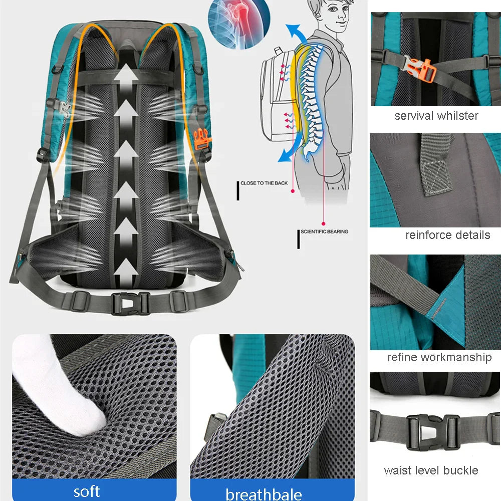Großer 70L Outdoor Rucksack mit mehreren Fächern; perfekt für Trekking, Camping & Expedition. Wasserdichtes Nylon.