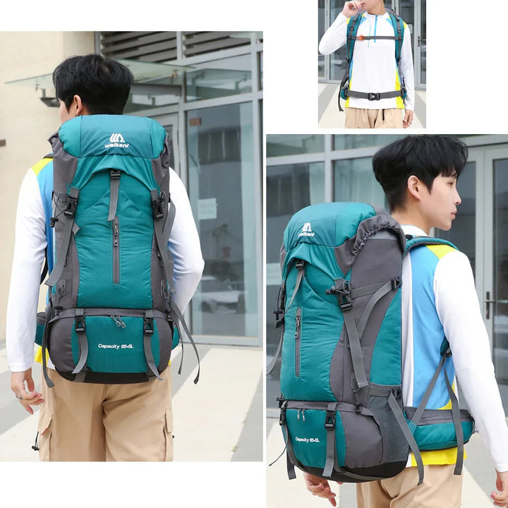 Geräumiger 70L Wanderrucksack aus wasserdichtem Nylon. Optimal für lange Reisen & Bergsteigen. Großes Volumen.
