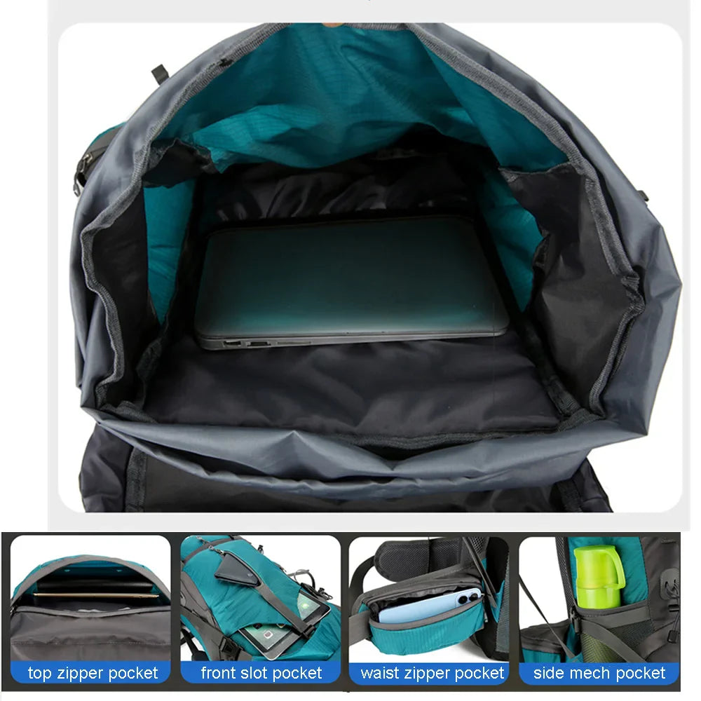 Ergonomischer 70L Trekkingrucksack für Herren und Damen mit komfortablem Tragesystem für Outdoor. Wasserdicht.