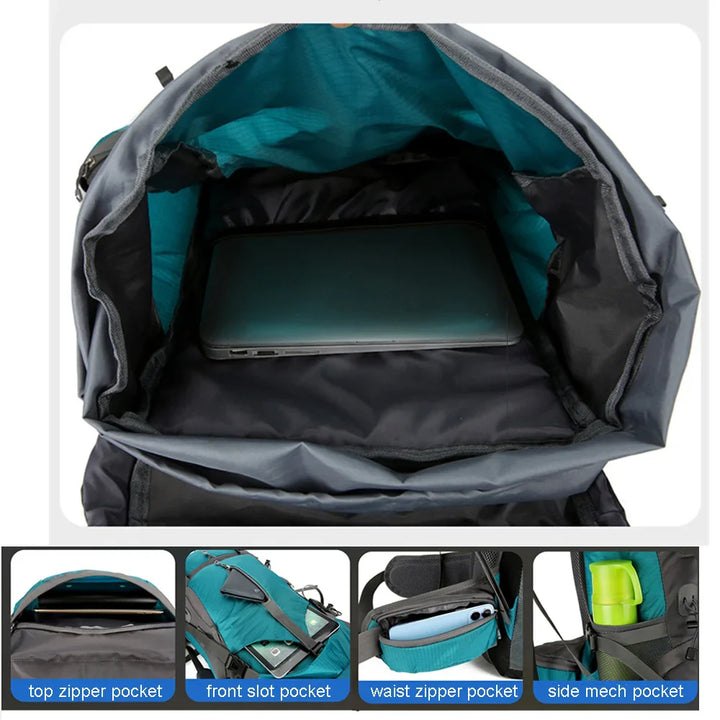 Ergonomischer 70L Trekkingrucksack für Herren und Damen mit komfortablem Tragesystem für Outdoor. Wasserdicht.