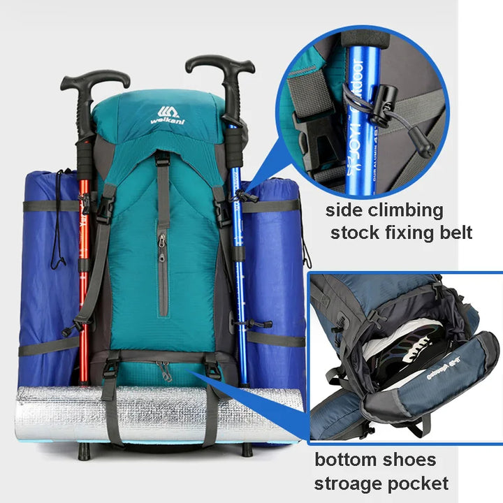 Person trägt den 70L Unisex Trekkingrucksack beim Wandern. Wasserdicht & robust für jede Outdoor-Reise.