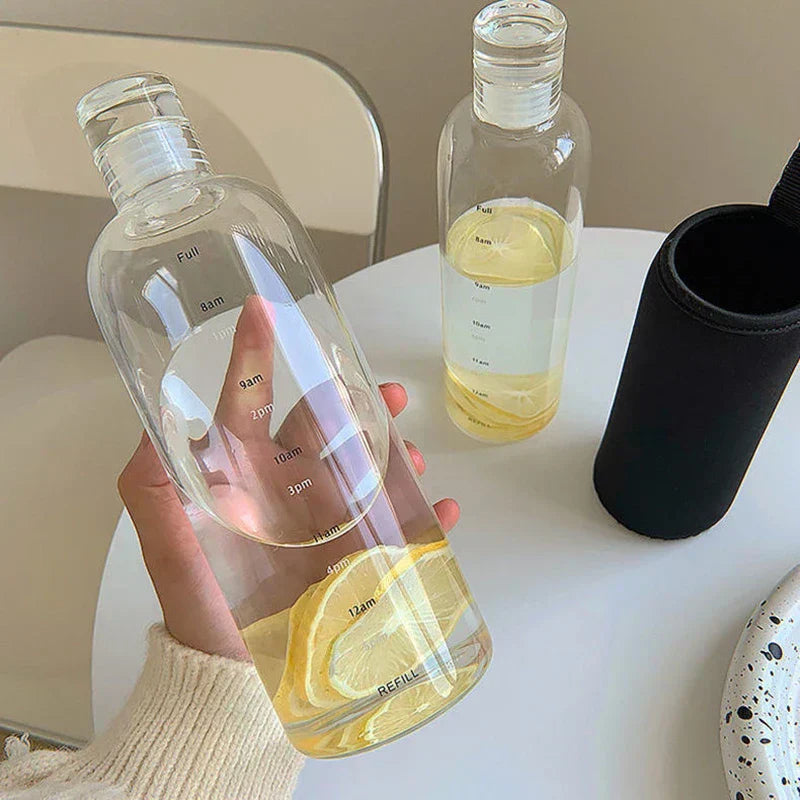Wiederverwendbare Getränkeflasche mit Zeitmarkierung, auslaufsicher, tolle Geschenkidee für Fitness.