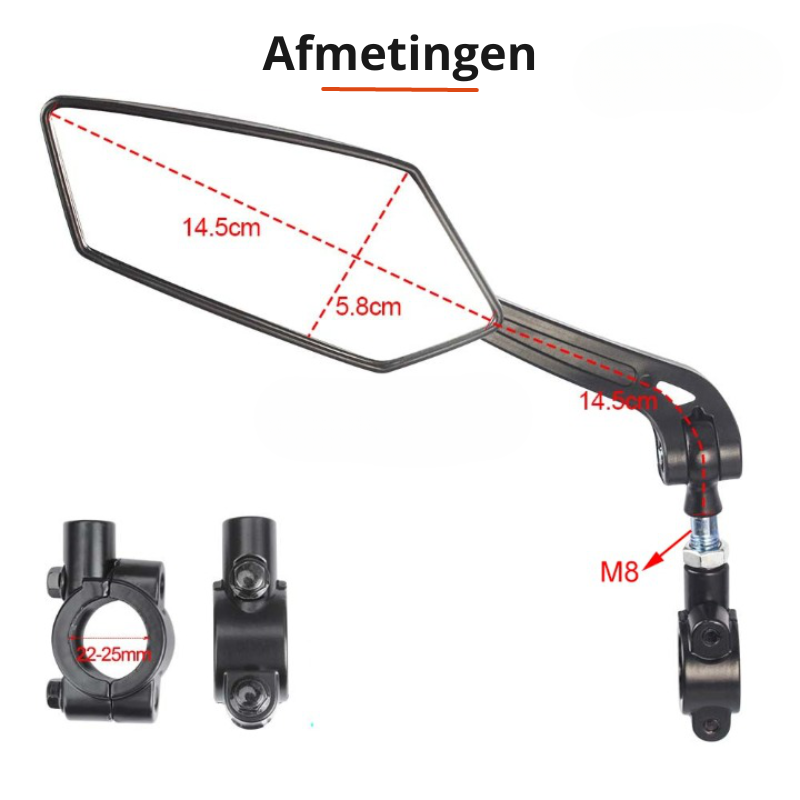 Detailansicht des Universal-Fahrradspiegels; klares Spiegelglas für zuverlässige Rücksicht beim Radfahren und Moped.