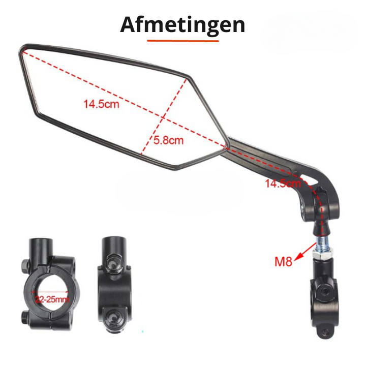 Detailansicht des Universal-Fahrradspiegels; klares Spiegelglas für zuverlässige Rücksicht beim Radfahren und Moped.