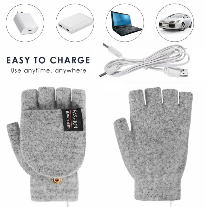 Nahaufnahme von schwarzen Unisex Heizhandschuhen. Zeigt hochwertige Verarbeitung und den USB-Ladeport.