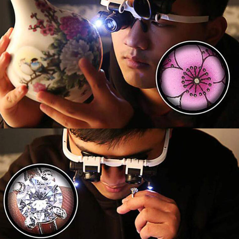 Detailreiche Arbeit: Vergrößerungsbrille mit integrierter LED und hoher Zoomfunktion, unisex Modell.