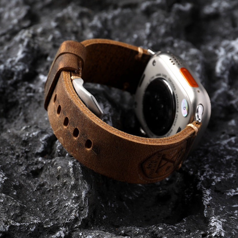 Apple Watch Armband vintage Leder schwarz, unisex, handgemacht aus hochwertigem Vollnarbenleder.