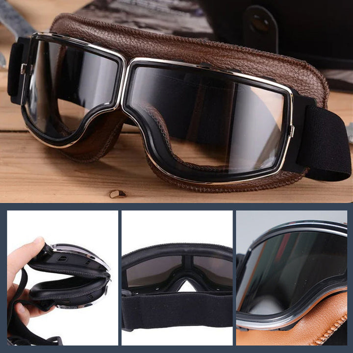 Traditionelle Biker-Brille: Aus Leder & Polycarbonat, Retro-Look, UV- & Windschutz.