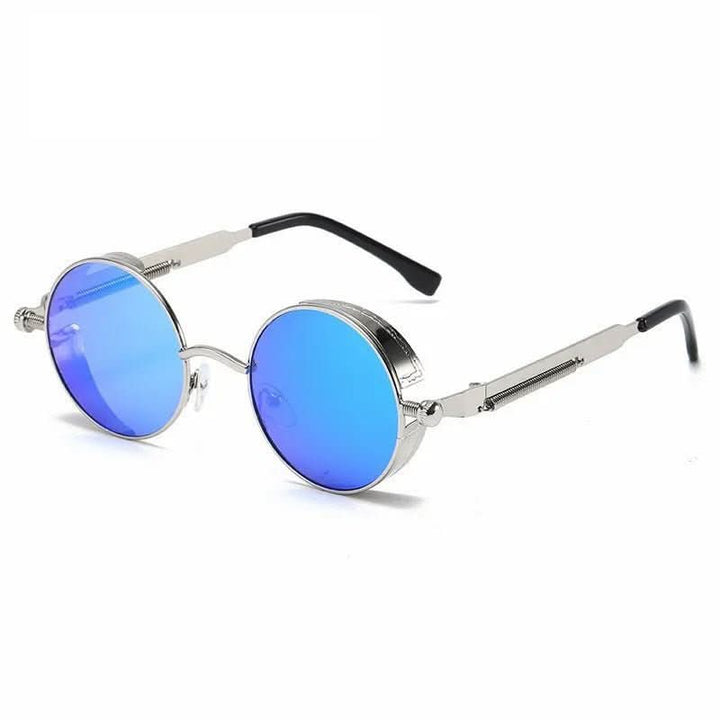 Detailaufnahme der runden Vintage Sonnenbrille, mit glänzendem Rahmen und UV400 getönten Gläsern.
