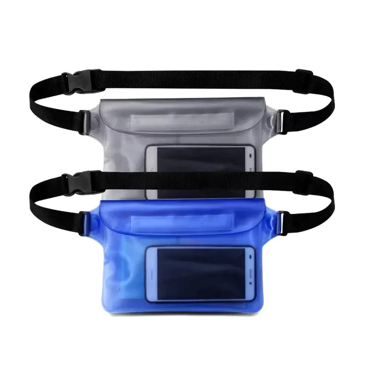 Nahaufnahme der Dry Bag Hüfttasche mit wasserdichtem Verschluss, schützt Smartphone & Wertsachen beim Wassersport.