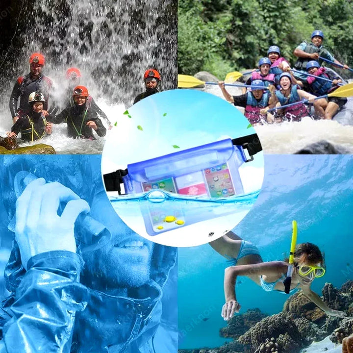 Sortiment wasserdichter Hüfttaschen in Schwarz, Blau, Gelb. Unisex Dry Bags für Smartphone- & Wertsachenschutz.