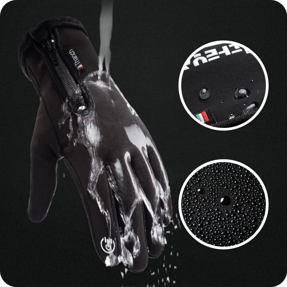 Detailaufnahme: Wasserdichte Thermohandschuhe mit rutschfester Handfläche und Touchscreen-Spitzen. Ideal für Herren & Damen.