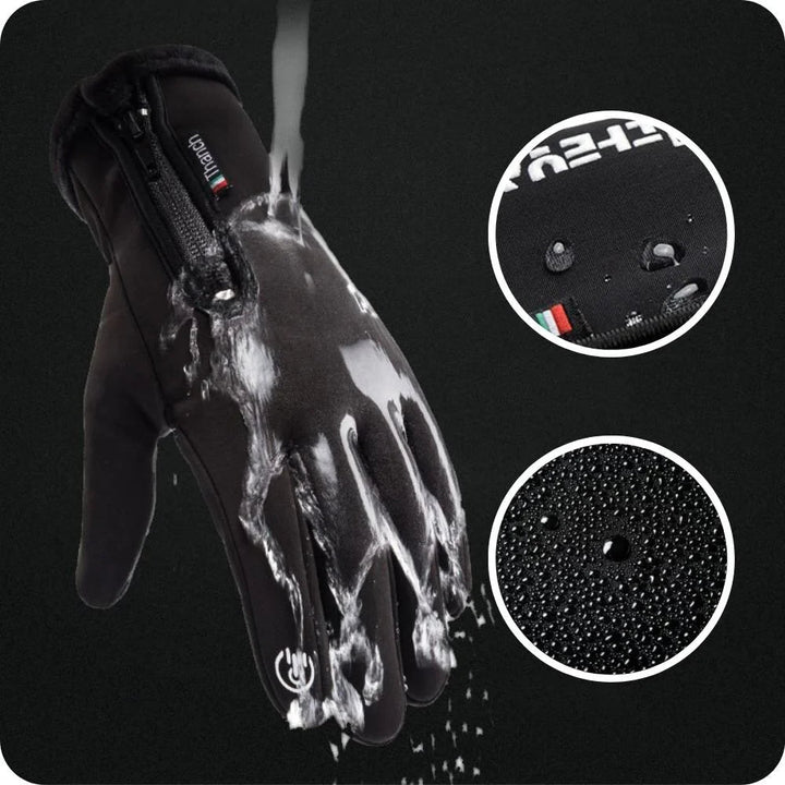 Detailaufnahme: Wasserdichte Thermohandschuhe mit rutschfester Handfläche und Touchscreen-Spitzen. Ideal für Herren & Damen.
