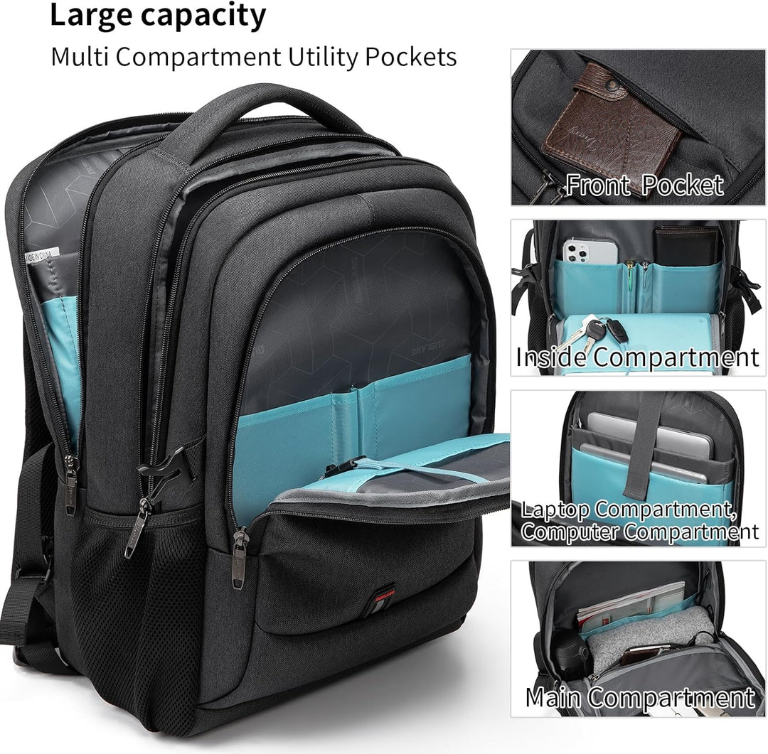 Innenansicht: Viele Organizer-Fächer im Unisex Business-Rucksack mit USB-Port.
