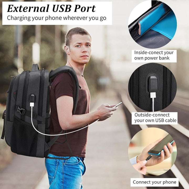 Unisex Laptoprucksack in Anthrazit, wasserdicht und mit USB-Ladefunktion.