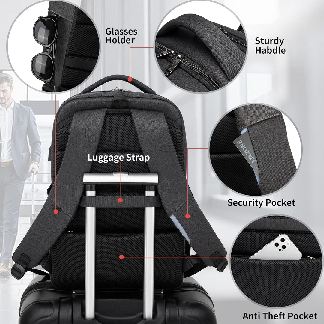 Unisex Laptop-Rucksack mit integriertem Powerbank-Anschluss (USB) & Wasserfestigkeit.