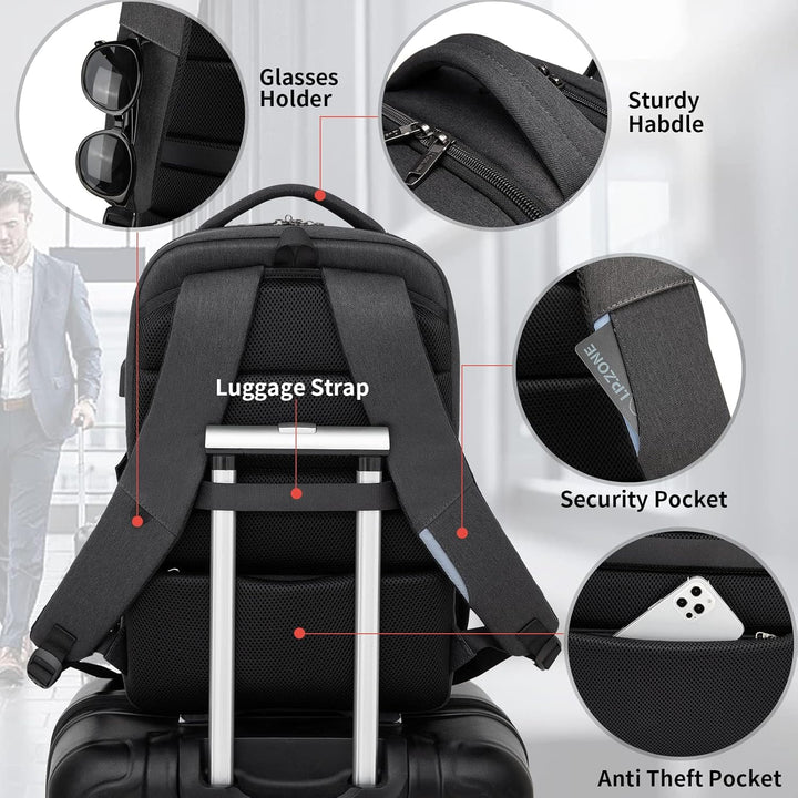 Unisex Laptop-Rucksack mit integriertem Powerbank-Anschluss (USB) & Wasserfestigkeit.