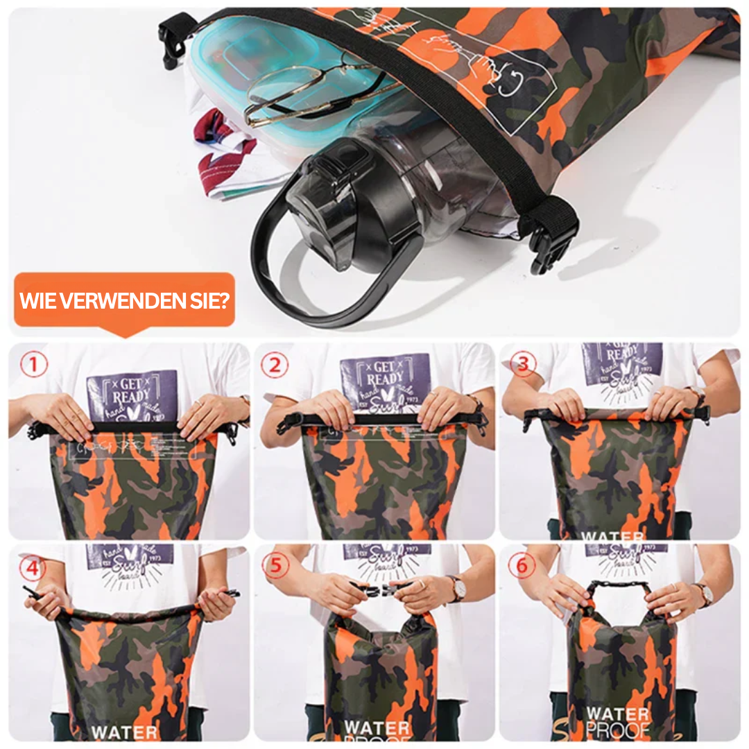 Wasserdichter Unisex Rucksack, gefüllt mit Ausrüstung, zeigt Kapazität des Nass-/Trockenfachs. Ideal für Sport.