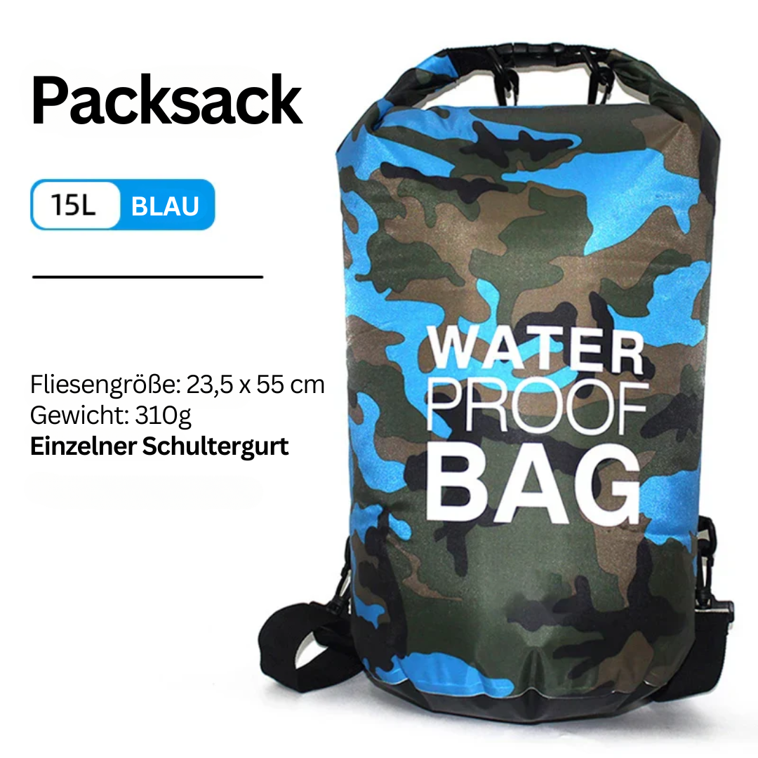 Person von hinten mit wasserdichtem Unisex Rucksack, bereit für Wanderung oder Camping-Abenteuer.