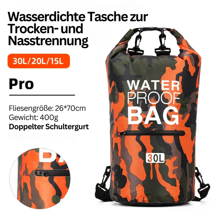 Offener, wasserdichter Unisex Rucksack zeigt Hauptfach & Nass-/Trockenfach für perfekte Organisation.