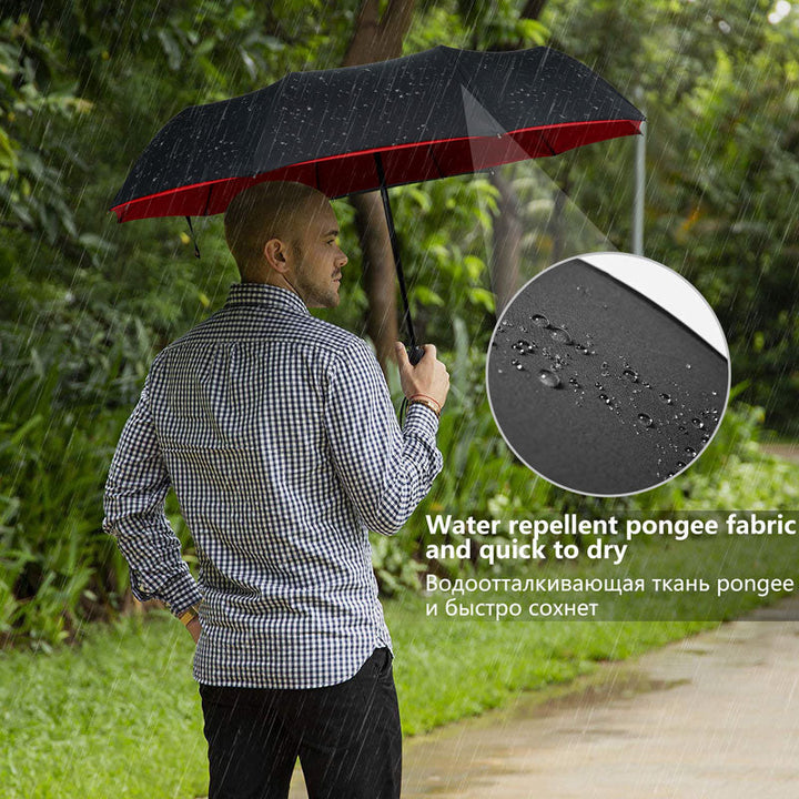 Geschlossener kompakter Unisex-Sturmschirm, bereit für starken Regen und Wind. Leicht zu verstauen.