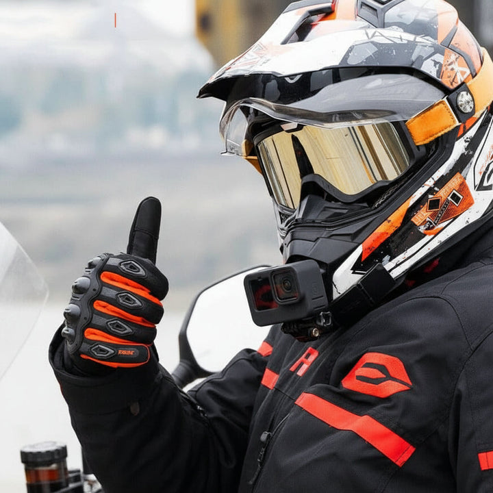 Robuste Winter-Bikerhandschuhe mit Kohlefaserknöchelschutz, wasserdichtem Design & warmer Isolierung für Sicherheit.