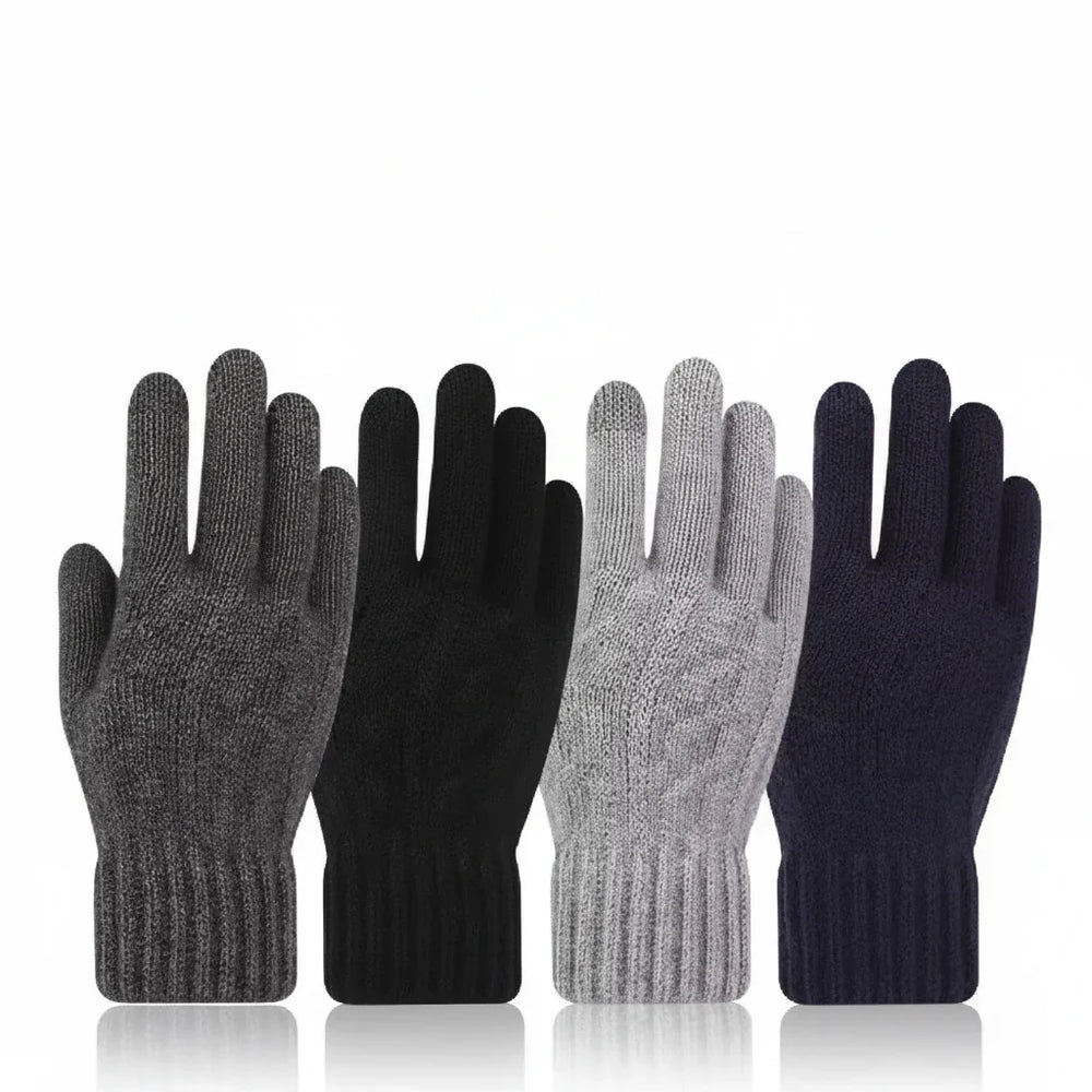 Detailaufnahme des Zeigefingers der warmen Strickhandschuhe, optimiert für präzise Touchscreen-Bedienung am Smartphone.