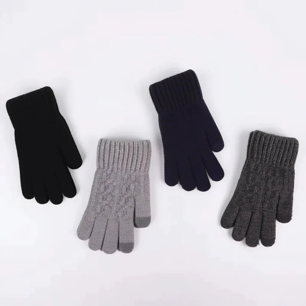 Nahaufnahme der weichen Strickstruktur der warmen Winterhandschuhe, ideal für Kälteschutz und hohen Tragekomfort.