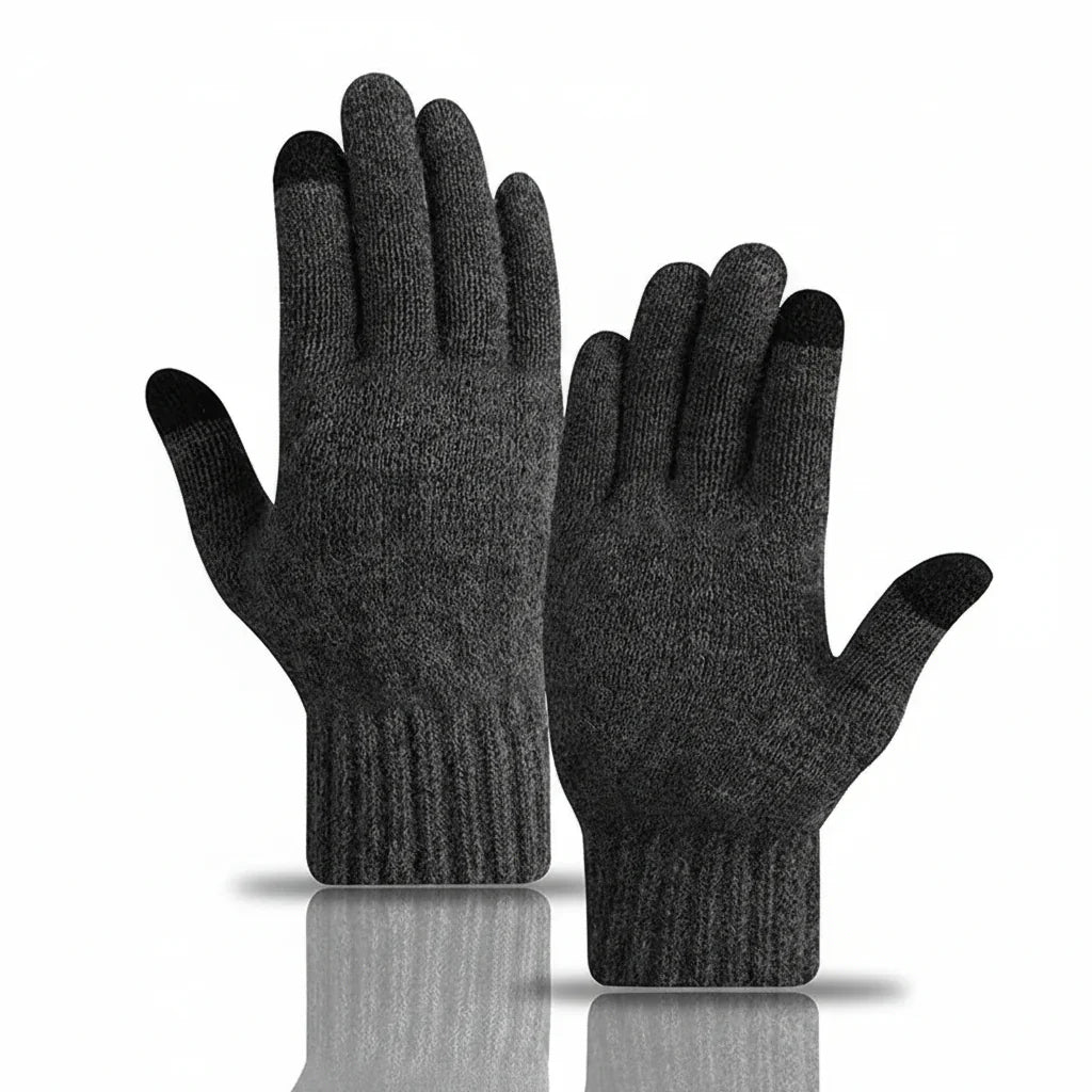 Rückseite der warmen Strickhandschuhe für den Winter, schlichtes, modernes Unisex-Design, ideal für den Alltag.