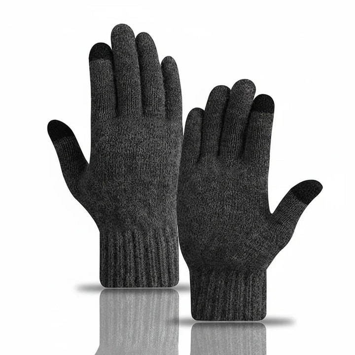 Rückseite der warmen Strickhandschuhe für den Winter, schlichtes, modernes Unisex-Design, ideal für den Alltag.