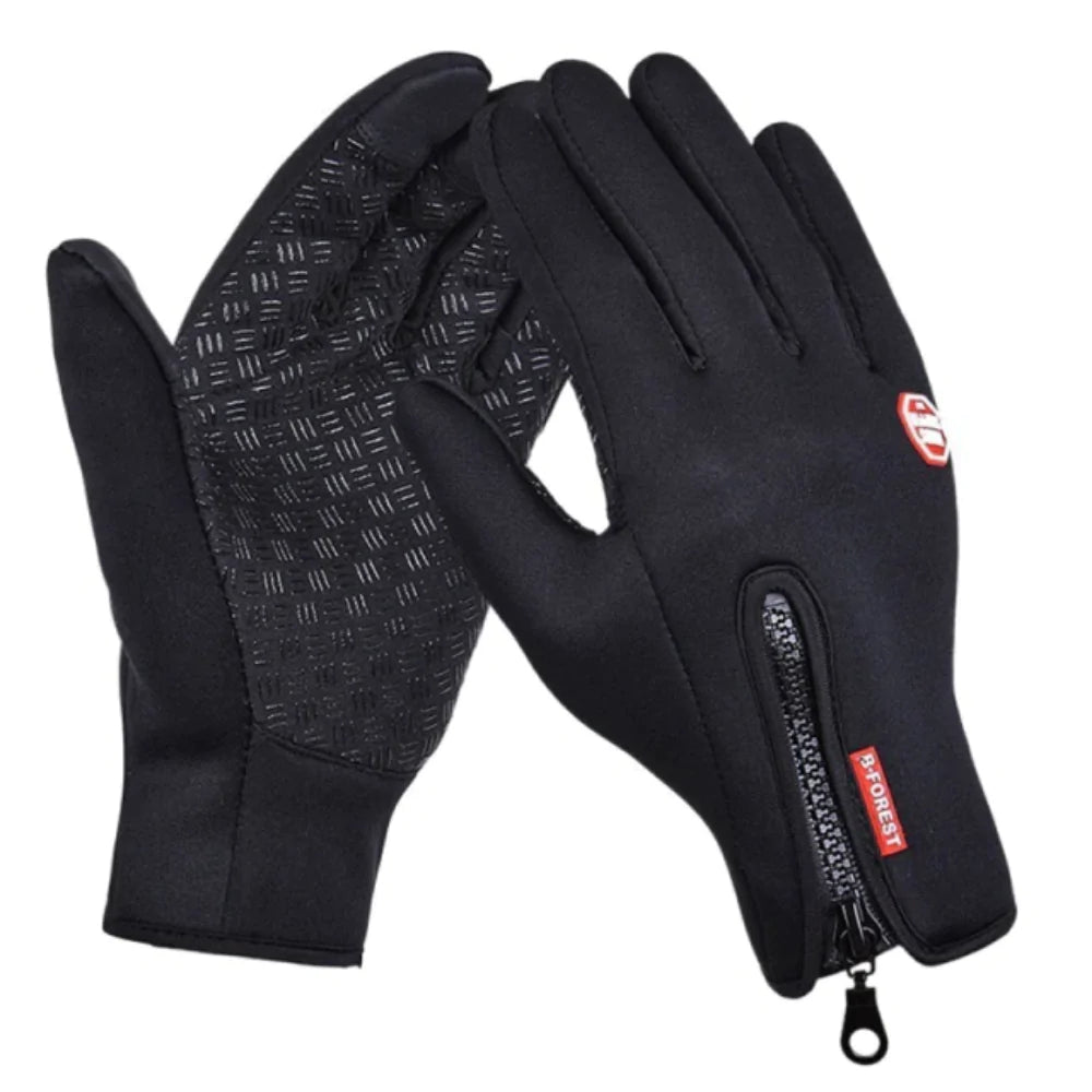 Detail des robusten, wasserdichten & winddichten Materials der schwarzen Unisex Winterhandschuhe für Kälteschutz.