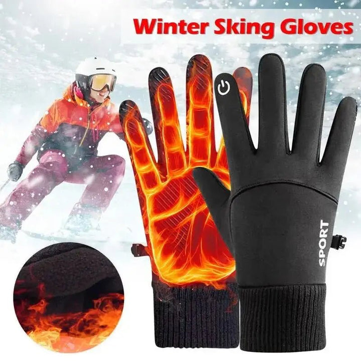 Person trägt warme, wasserdichte Unisex Winterhandschuhe mit Touchscreen-Funktion beim Radfahren im Freien.