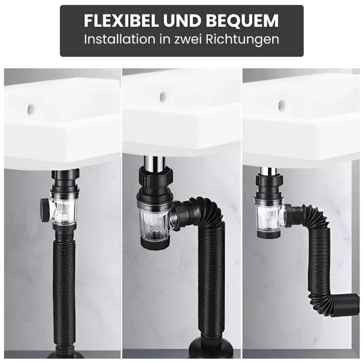 Universal Anti-Geruch Abflussrohr unter einem Badezimmer-Waschbecken installiert, sorgt für Hygiene.