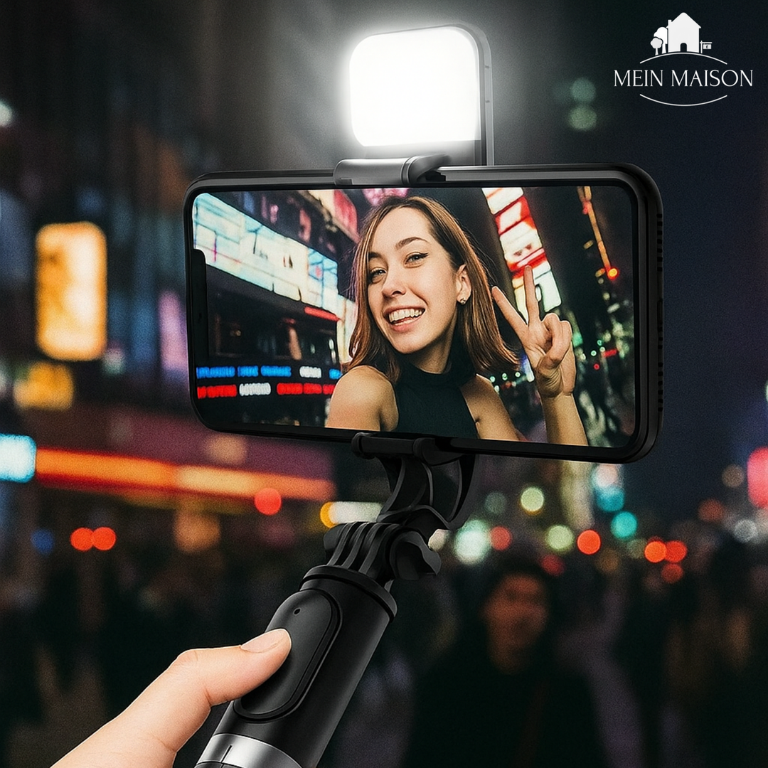 Universal Bluetooth Selfie Stick mit Stativ und LED-Licht für Smartphones und Vlogging.