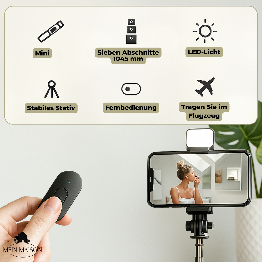 Praktischer 6-in-1 Selfie Stick mit Bluetooth, Stativ & LED für Handy-Fotos & Videos.