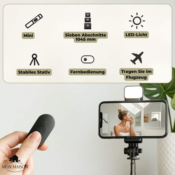 Praktischer 6-in-1 Selfie Stick mit Bluetooth, Stativ & LED für Handy-Fotos & Videos.